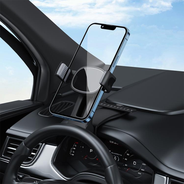 Car dashboard rail phone holder with black cradle and side parking number plate