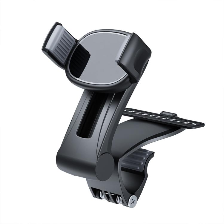 Car dashboard rail-mount phone holder with circular phone cradle and stabilizing arms