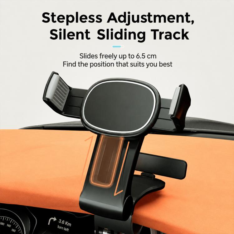 Rail-mount phone holder on sliding track with circular phone clamp