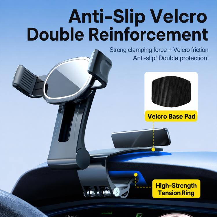 Anti-slip rail-mount phone holder with Velcro base pad and stabilizing ring