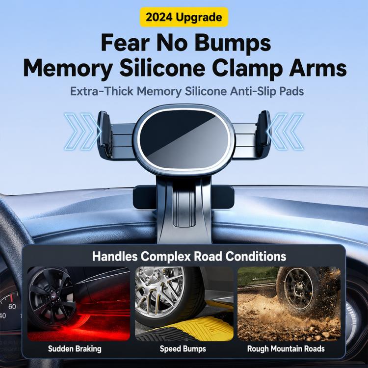 Car dashboard rail phone holder with anti-slip silicone clamp arms