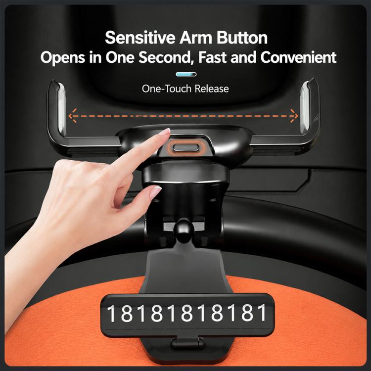 Car dashboard rail phone holder with hinged arm and parking number plate