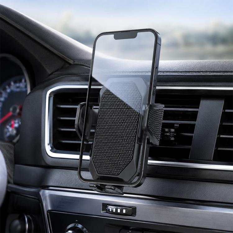 Car CD-slot phone holder with black textured grip and side clip, angled for dashboard use