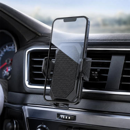 Car CD-slot phone holder with black textured grip and side clip, angled for dashboard use