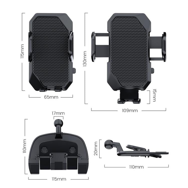 Car phone holder with black textured pads and clip arms; size diagram with measurements