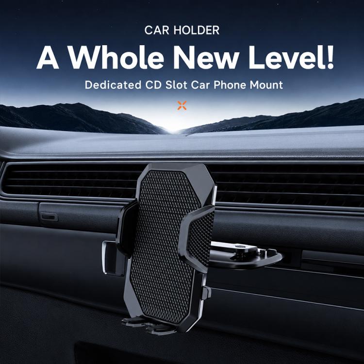 Car CD-slot phone holder mounted on dashboard, black textured phone grip