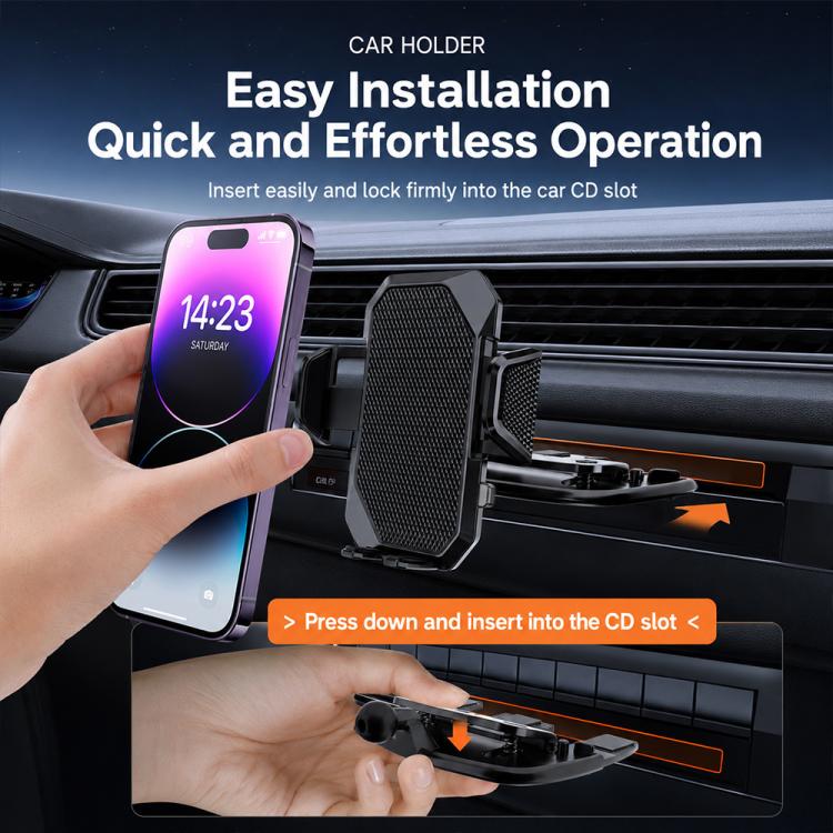 Car phone holder locked in CD slot with hand holding a phone against textured pad