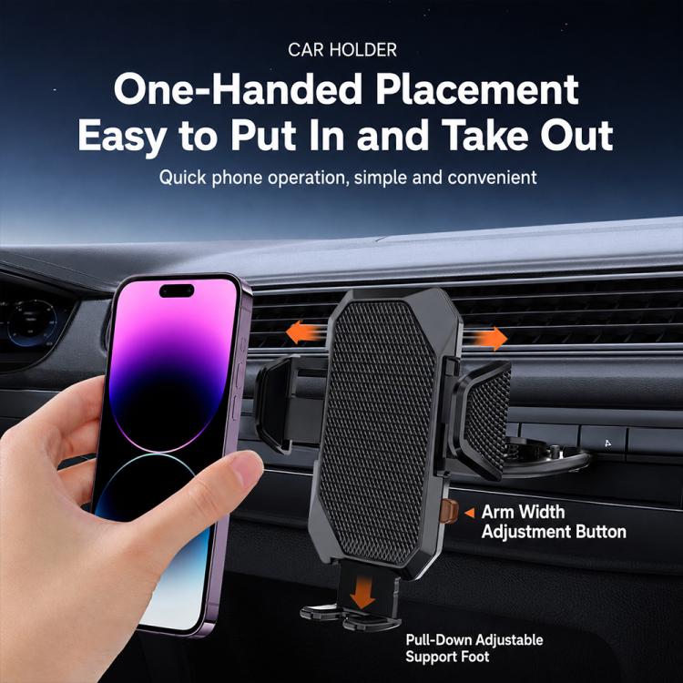 Car phone holder with adjustable arms and pull-down support foot, black textured pad
