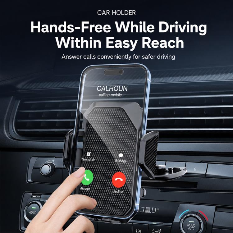 Car phone holder holding a smartphone in view, black textured cradle