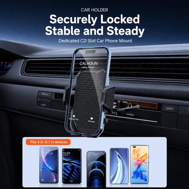 Car CD-slot phone holder with secure locked clip and black textured phone cradle
