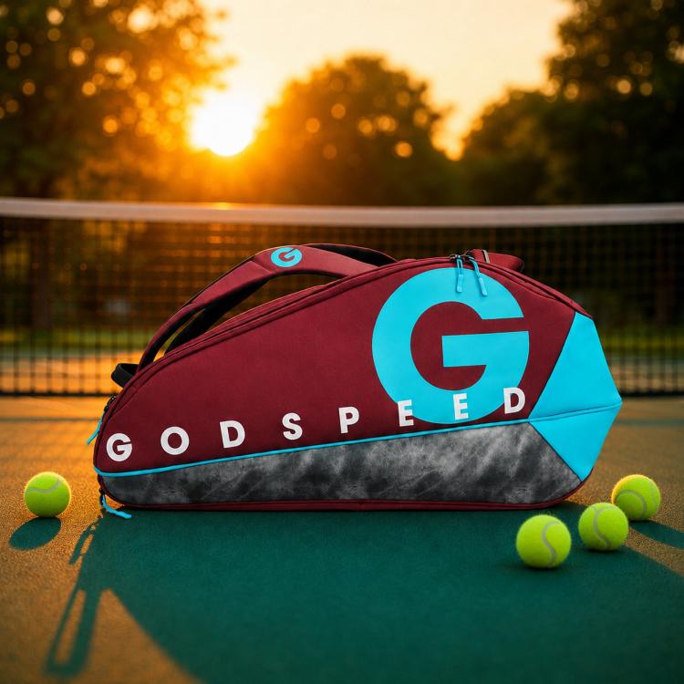 Large sports racket bag in red with teal trim, dark base, and GODSPEED G logo