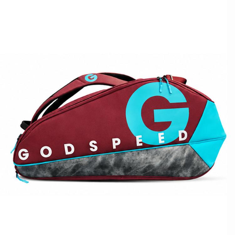 Large sports racket bag in red with teal side panels, dark base, front GODSPEED G logo