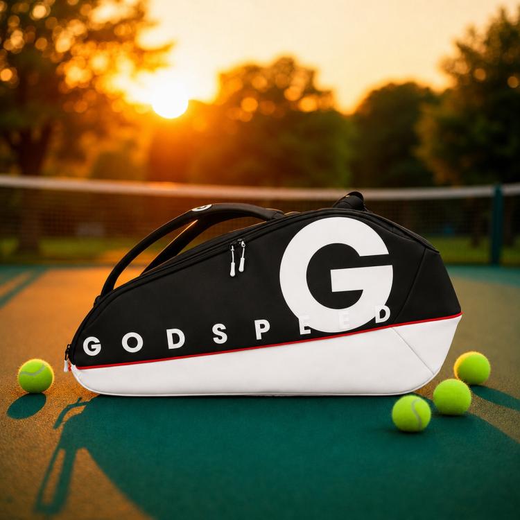 Large sports racket bag in black with white stripe and red edge, GODSPEED G logo