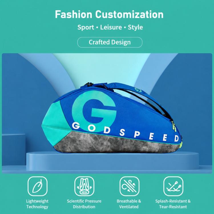 Blue racket bag with teal side panel and dark gray base, GODSPEED G logo