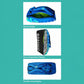 Blue racket bag interior view with side pocket, shoe compartment, and shoulder strap area