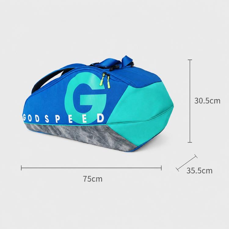 Blue racket bag with teal panel and dark gray base, size shown 75cm x 35.5cm
