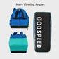 Blue racket bag shown from multiple angles, front strap handles and side view