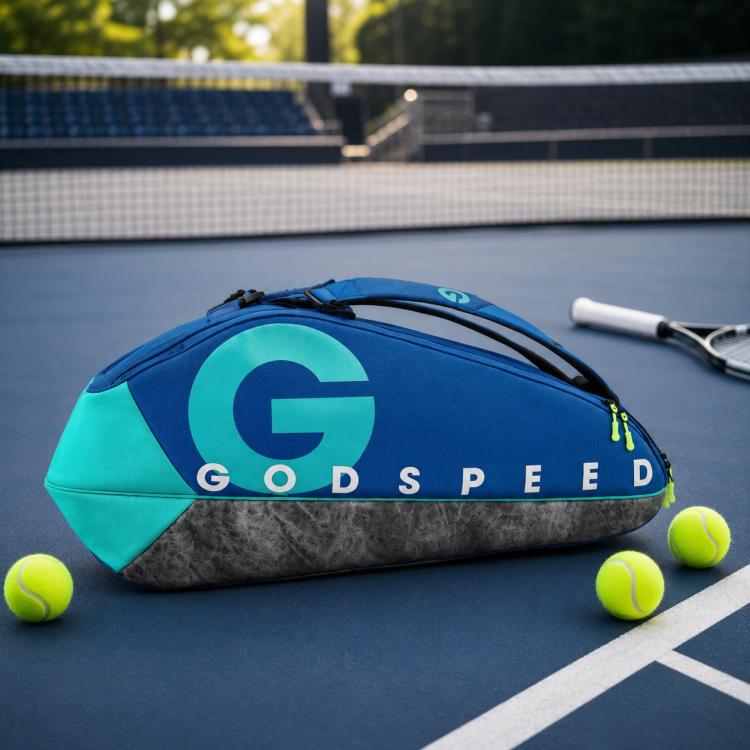 Blue tennis racket sports bag with teal panel and dark gray bottom, GODSPEED G logo