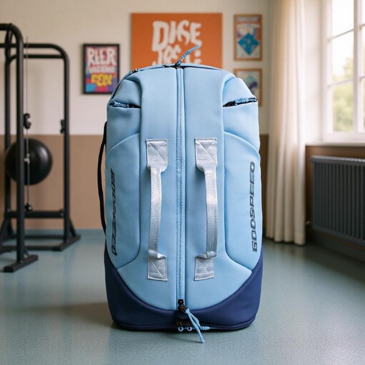 Light blue and navy racket bag backpack with wet-dry separation panels