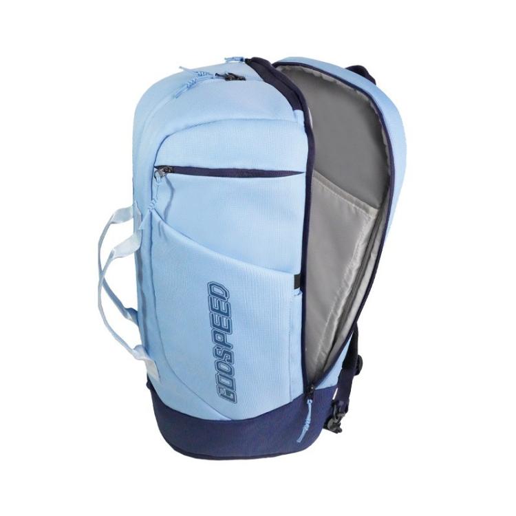 Light blue racket bag backpack with gray interior and front zipper pocket