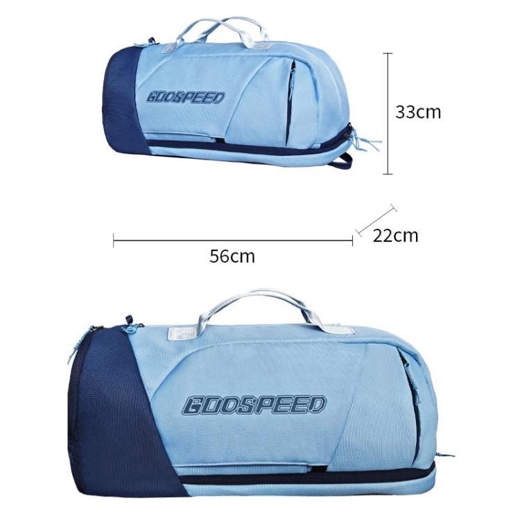 Light blue and navy duffel-style racket bag backpack with carry handles