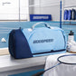 Light blue and navy racket bag backpack with GOODSPEED logo and duffel opening