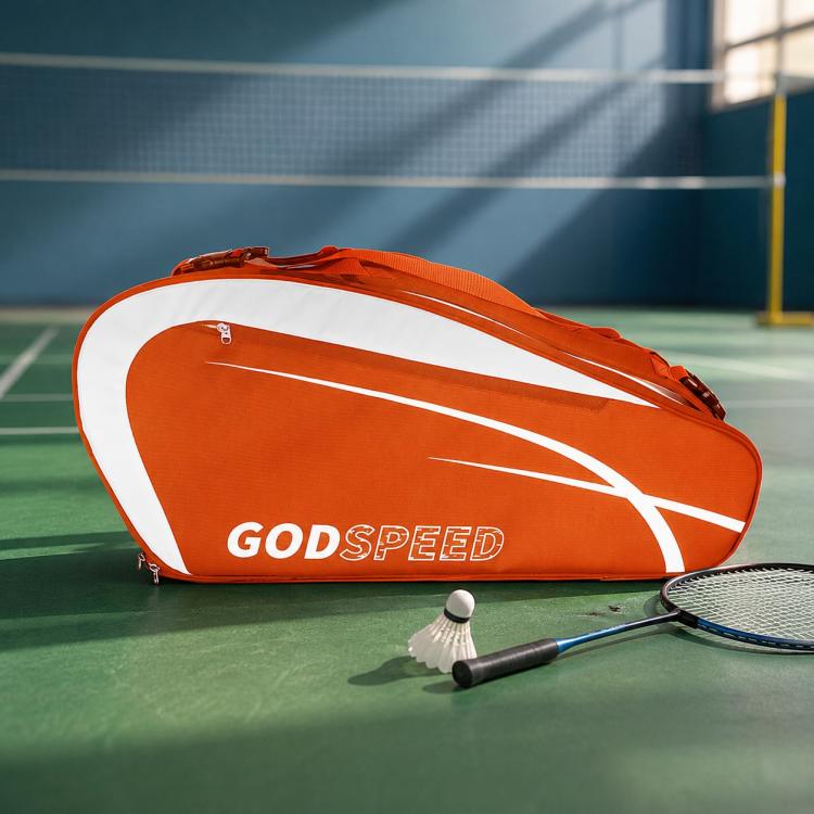 Orange tennis and badminton racquet bag with white stripe design and zip pockets