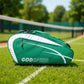 Green tennis and badminton racquet bag with white stripe design and GODSPEED logo