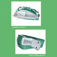 Green racquet bag open to show internal storage compartments, including shoe storage