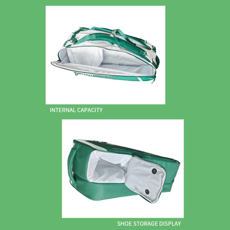 Green racquet bag open to show internal storage compartments, including shoe storage