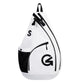 White and black triangular crossbody bag with top handle and zip front pocket