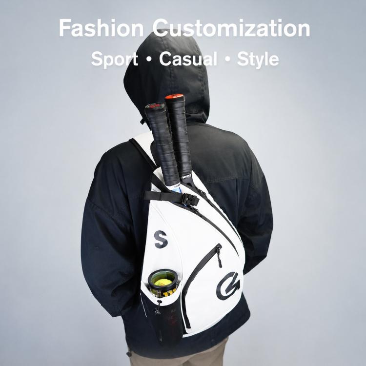White and black crossbody sports bag with multiple zip compartments and front logo