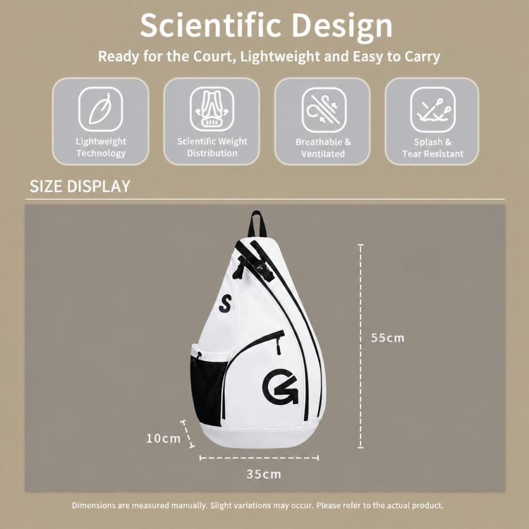 White triangular crossbody bag with black trim, front logo patch, and dual zips