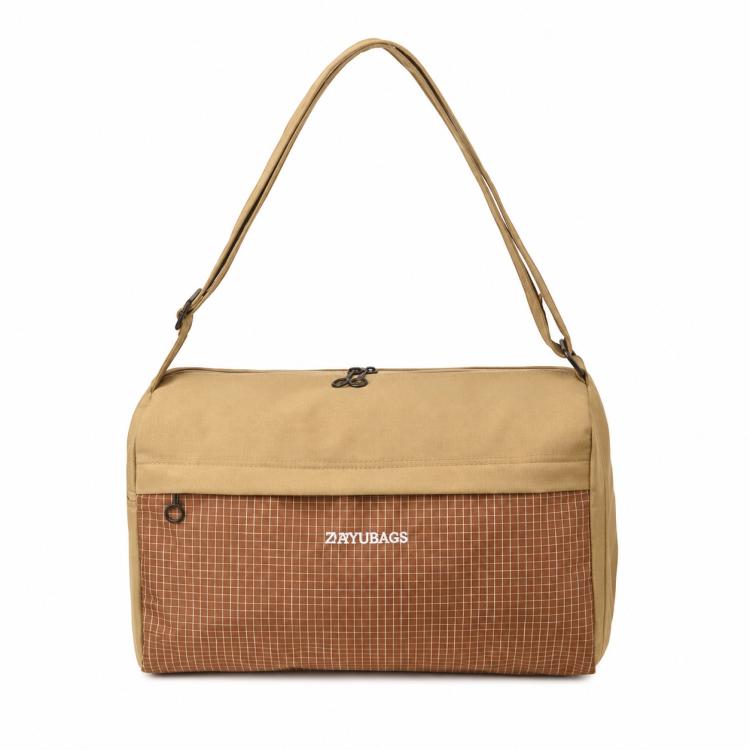 Khaki grid-panel crossbody gym handbag with top handle straps and zipper closure