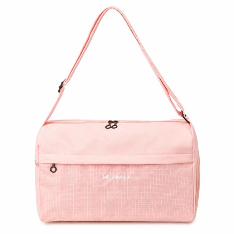 Pink grid-panel crossbody gym handbag with top handle straps and zipper closure