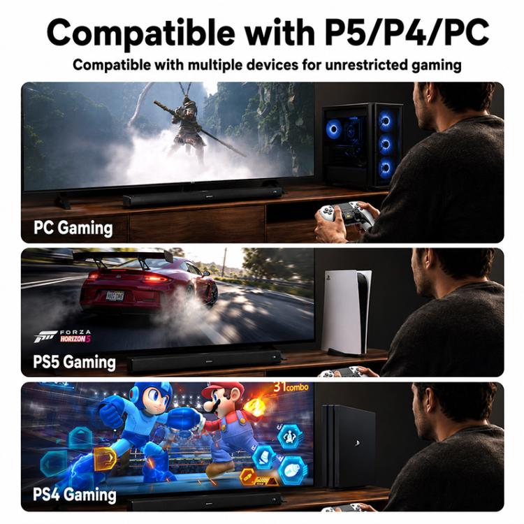 Wireless game controller with dual joysticks, black and white, for PS5/PS4/PC