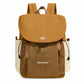 Lightweight canvas backpack with front flap, tan and brown panels, drawstring sides