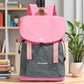 Lightweight canvas backpack with front flap, pink top and gray front panel, side cords