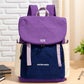 Lightweight canvas backpack with front flap, purple top and navy lower panel, side cords