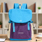Lightweight canvas backpack with front flap, bright blue top and purple front panel