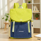 Lightweight canvas backpack with front flap, lime green top and navy front panel