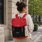Red and black backpack with front flap and drawstring closure