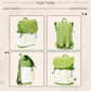 Green backpack with front flap and visible compartments from multiple angles