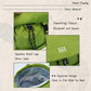 Green backpack detail with drawstring closure and organized interior storage