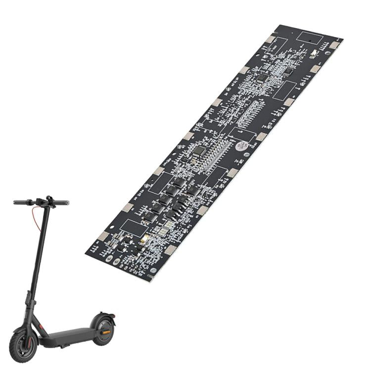 Electric scooter BMS circuit board, black PCB with white components and gold connector