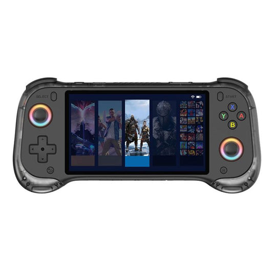 Black handheld game console with 5.5-inch screen and rainbow glowing thumbsticks