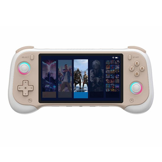 Beige handheld game console with 5.5-inch screen and glowing thumbstick rings