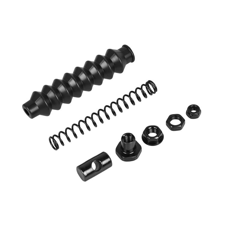 Electric scooter brake cable repair components: black adjuster, coiled spring, and nuts