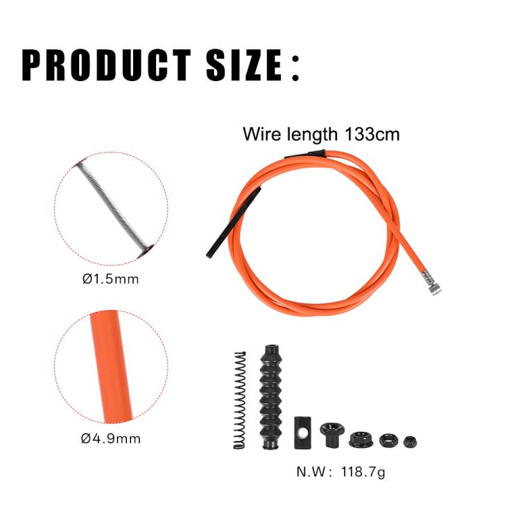 Brake cable kit with orange wire, coiled spring, and small black mounting hardware