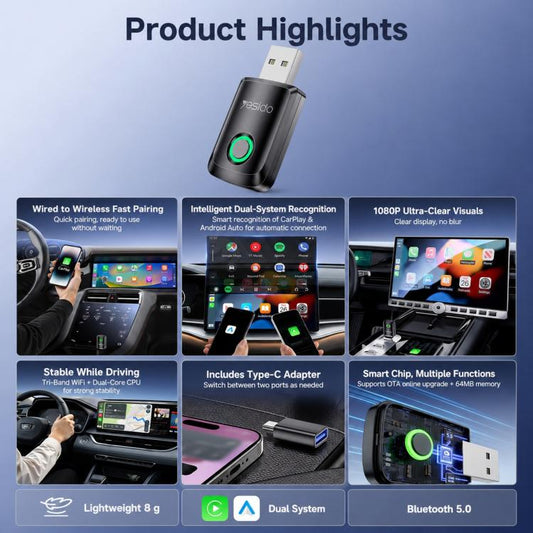 Yesido KM32 2-in-1 Wireless CarPlay and Android Auto Adapter, Wired to Wireless Car Converter, KM32